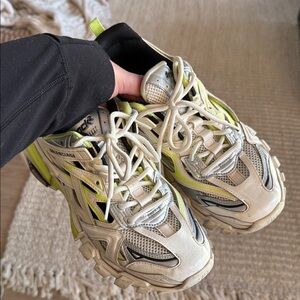 Balenciaga White and Green Track2 Sneakers